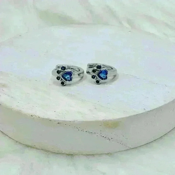 Paw Print Zircon Hoop Earrings in Blue - Picture 1 of 5